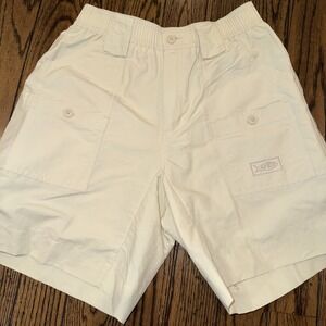 AFTCO Cargo Fishing Shorts 8" Beige Logo Pockets Elastic Waist Outdoor Men's 30